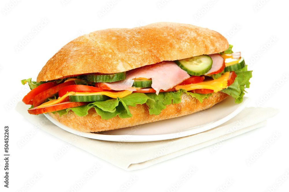 Fresh and tasty sandwich with ham and vegetables isolated Fresh and tasty sandwich with ham and vegetables isolated
