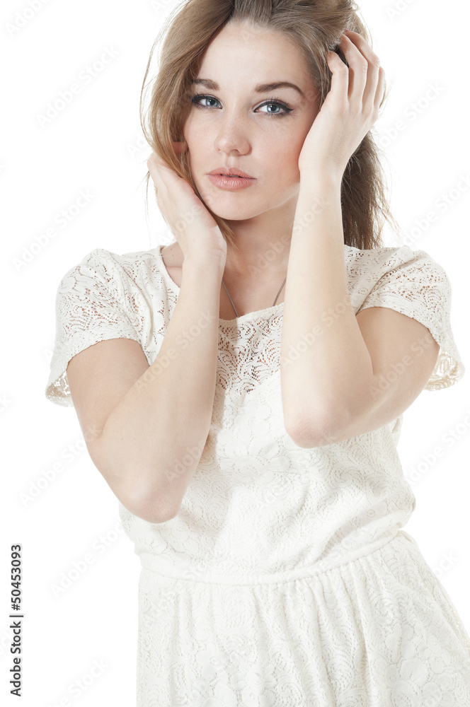 Portrait of seductive young girl on white background. Portrait of seductive young girl on white background.