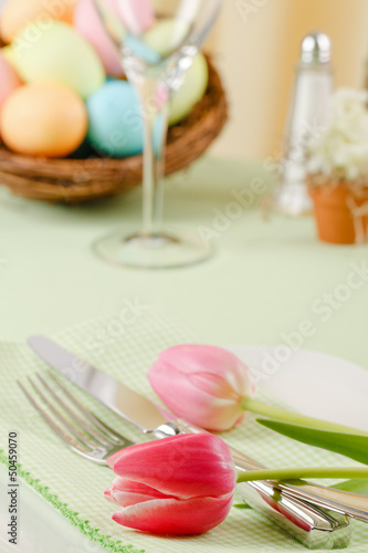 Easter Table Setting With Pink Tulips