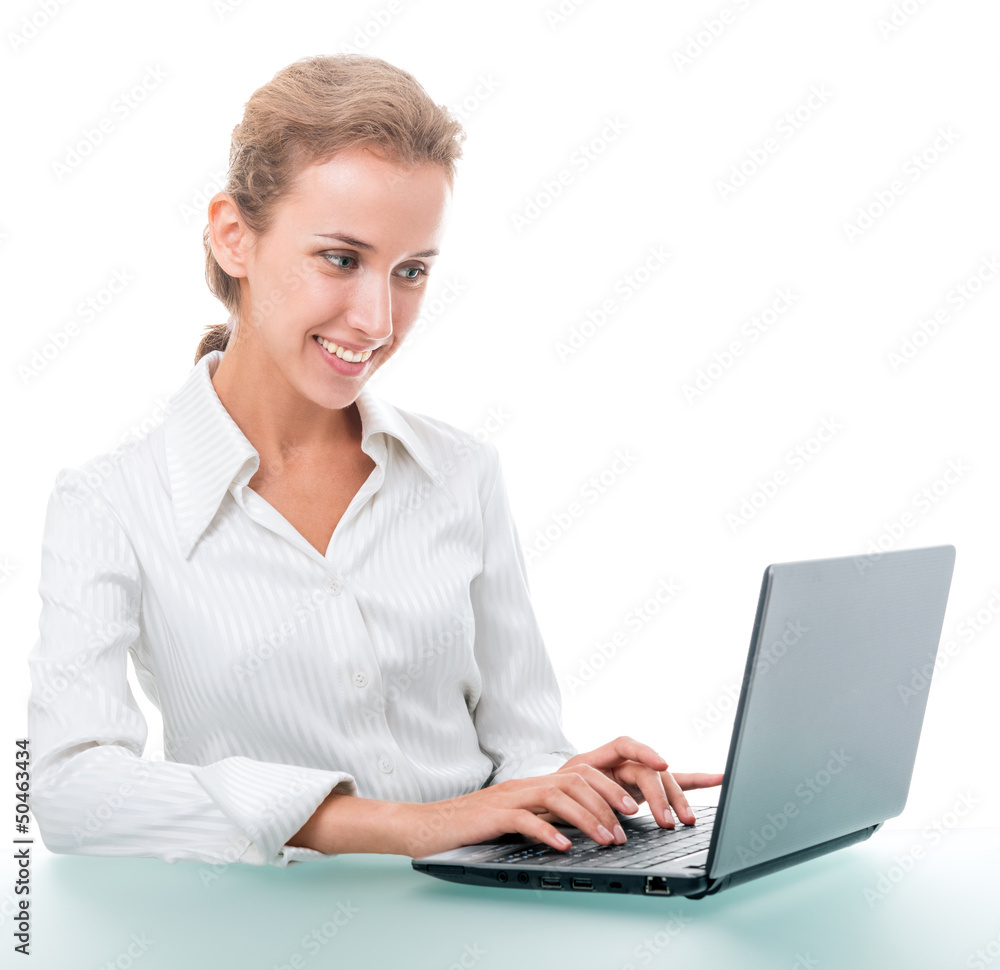 friendly administrative assistant at the desk with a laptop friendly administrative assistant at the desk with a laptop