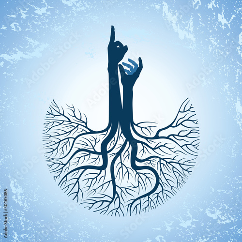 This vector background has a hand with tree roots