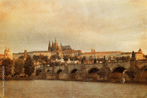 Retro style photo of Charles Bridge in Old Prague