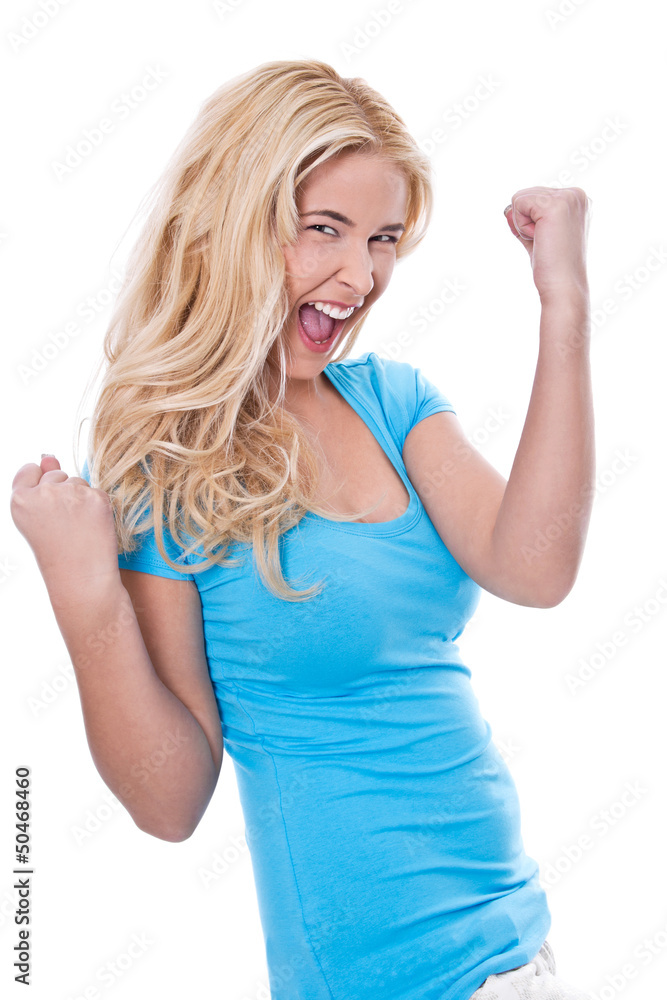 Fototapeta premium Junge Frau strahlt vor Glück - blonde Haare - isoliert