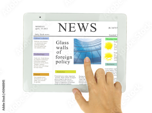 hands pointing on news at modern tablet PC