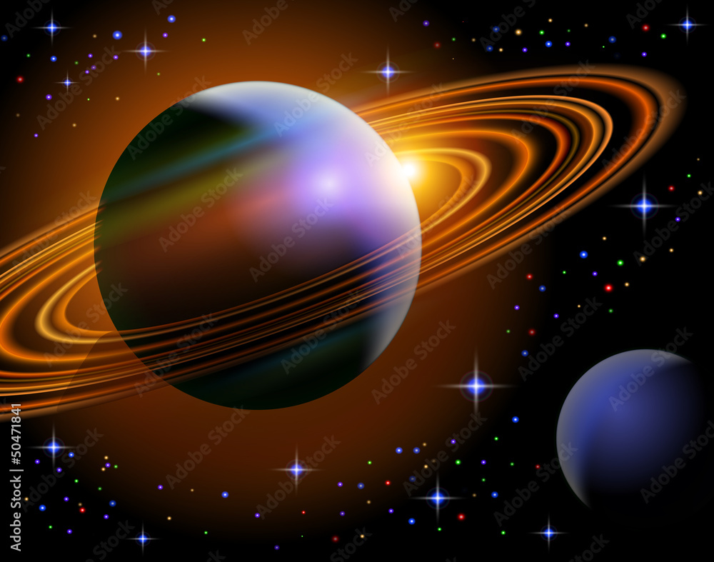 Fototapeta premium Planet Saturn and one of its moon in the starry space