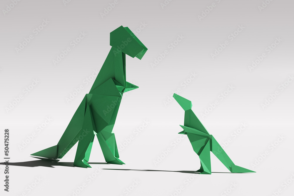 Paper origami Tyrannosaurus Rex family couple - mother and child - obrazy, fototapety, plakaty 