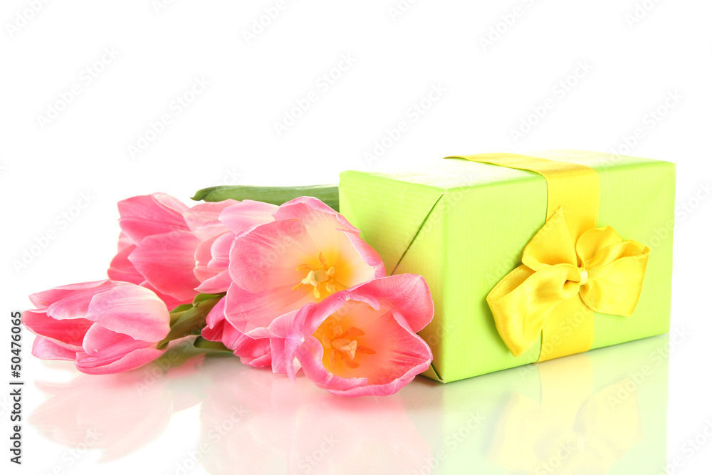 Pink tulips and gift box, isolated on white Pink tulips and gift box, isolated on white