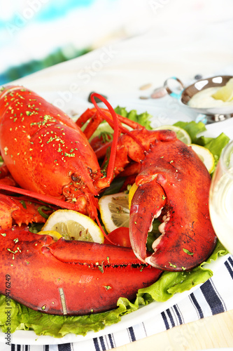 Red lobster on platter on serving table close-up