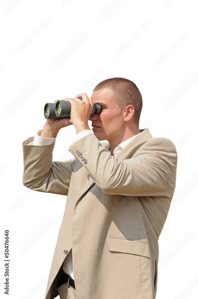 Young person in office suit watching in binoculars Young person in office suit watching in binoculars