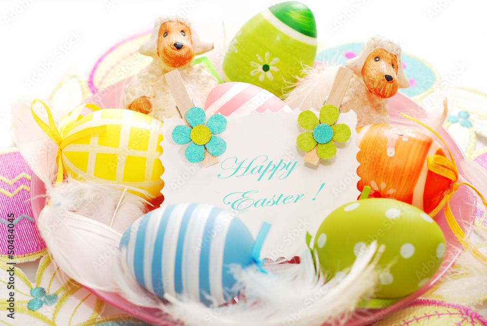 colorful easter eggs and greetings card