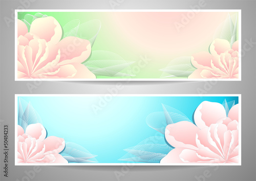 Two flowers banners on green marine background