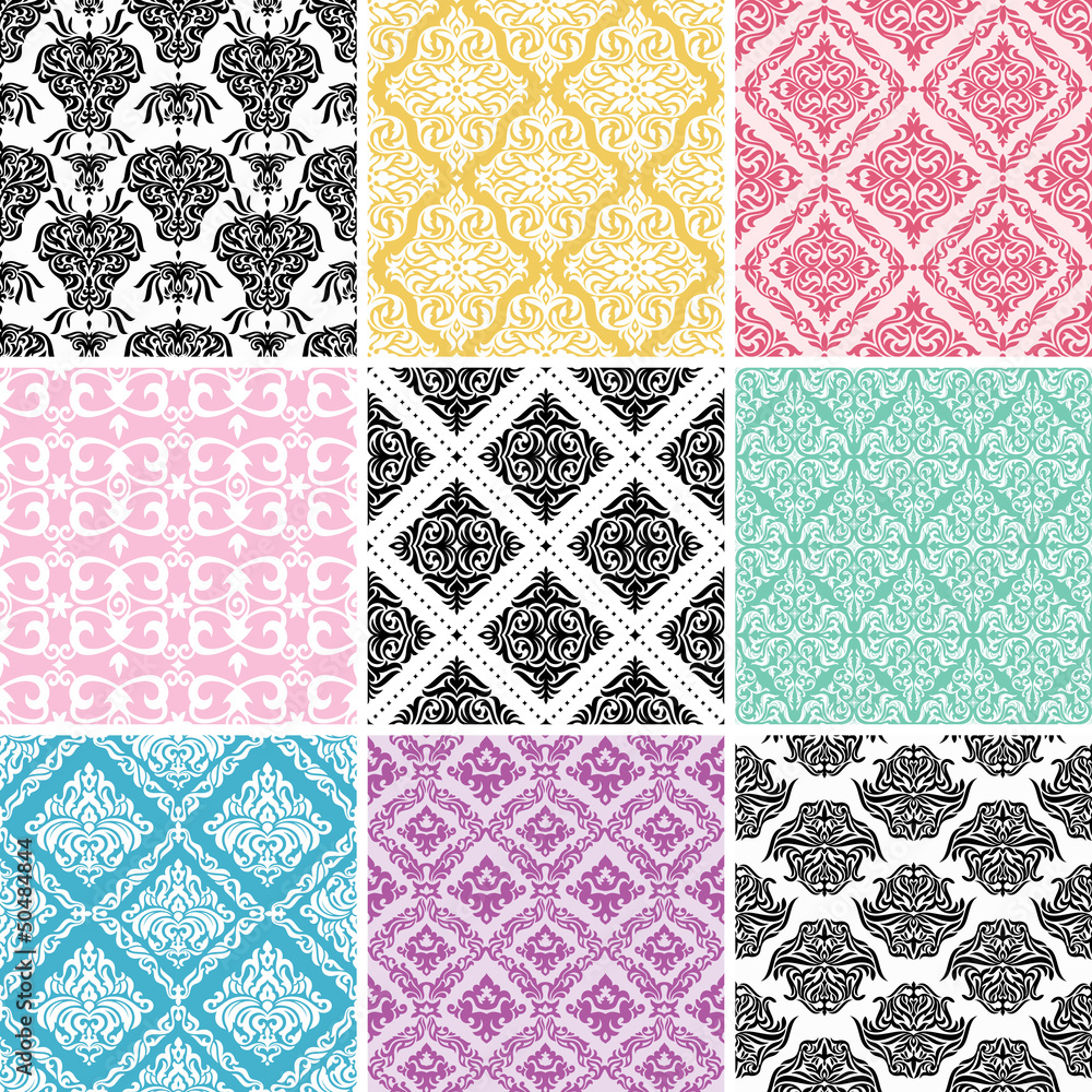 Set of seamless damask backgrounds. Set of seamless damask backgrounds.