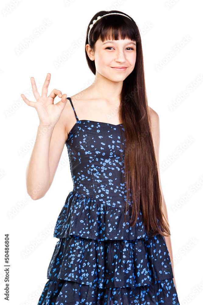 Beautiful girl shows fingers okay Beautiful girl shows fingers okay