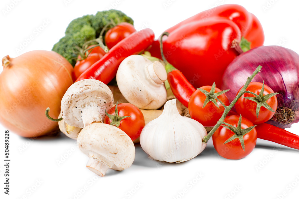 Organic vegetables like onion, mushrooms, broccoli Organic vegetables like onion, mushrooms, broccoli