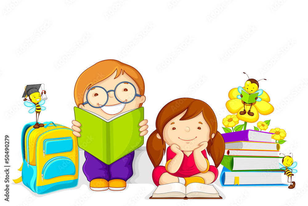 vector illustration of kids studying book with bee vector illustration of kids studying book with bee