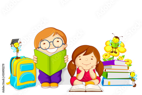 vector illustration of kids studying book with bee