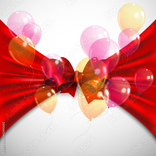 background with red bow and flying transparent balloons