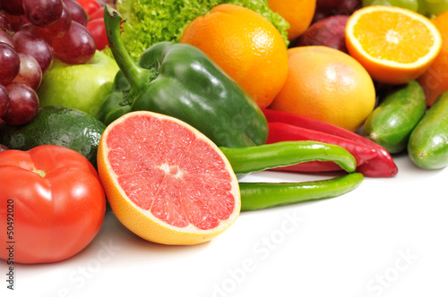 fresh fruits and vegetables on white