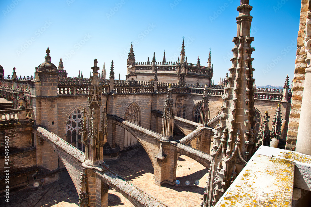Roof and spires of the Saint Mary cathedral in Seville