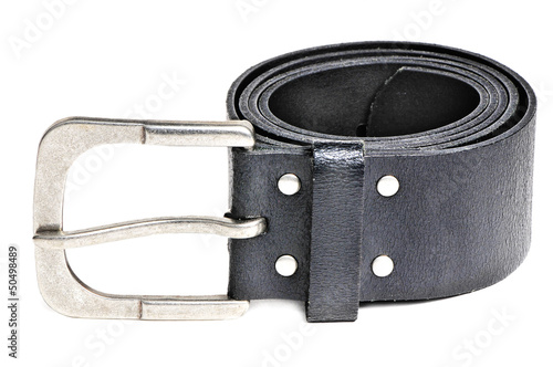 Black leather belt with silver buckle isolated over white