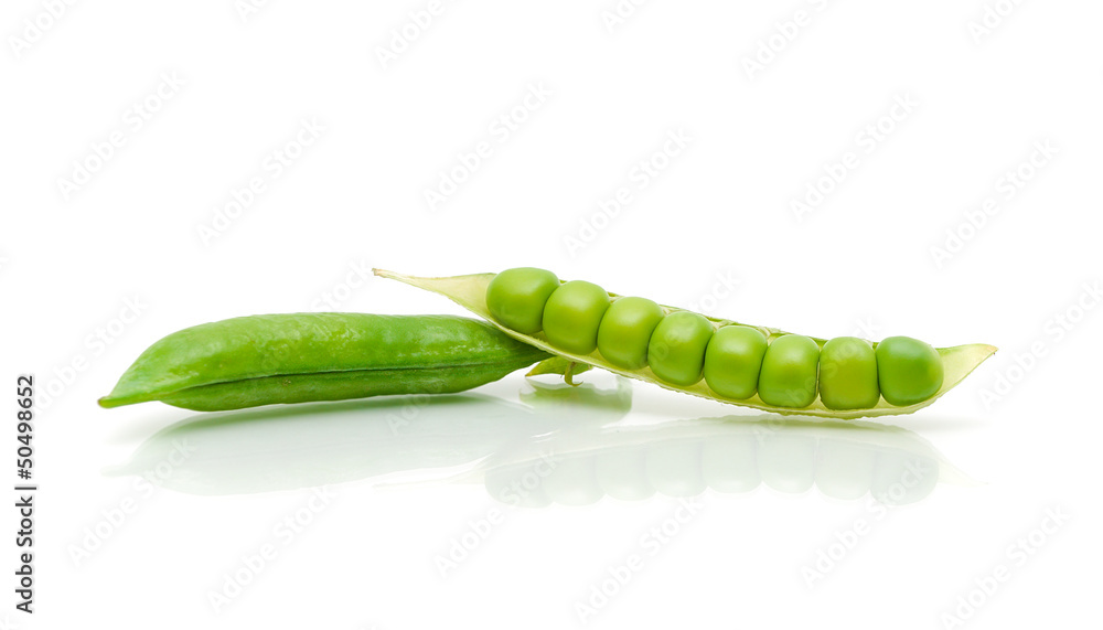 ripe green peas on a white background with reflection ripe green peas on a white background with reflection