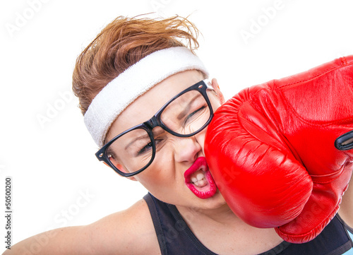 Funny fitness woman with boxing gloves, isolated on white © Alen-D