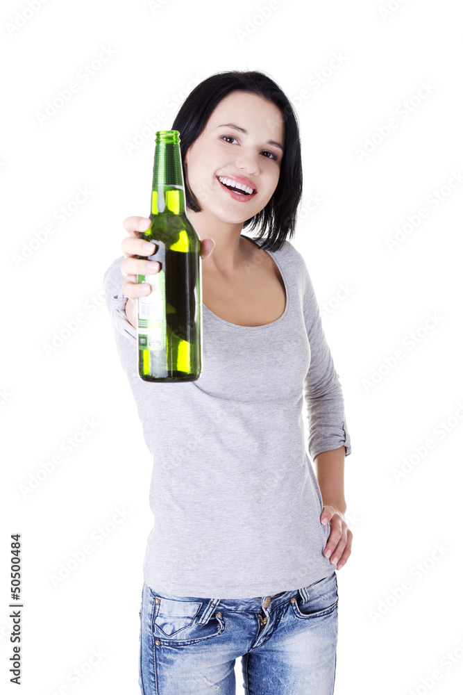 Beautiful happy woman with beer Beautiful happy woman with beer