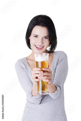 Beautiful happy woman with beer