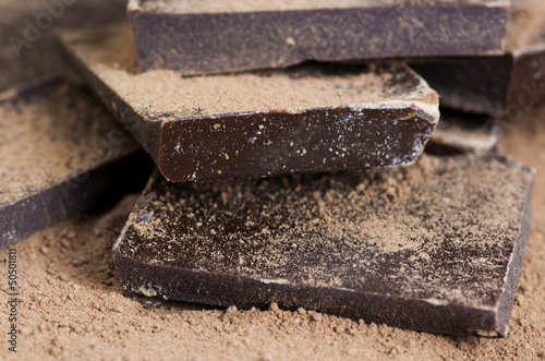 Tableau sur toile Carré de chocolat et poudre cacao