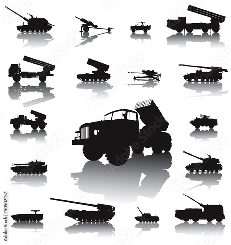 Howitzer and rocket artillery silhouettes set. Vector photo