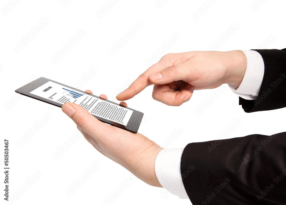 isolated businessman hand holding tablet with business text on t isolated businessman hand holding tablet with business text on t