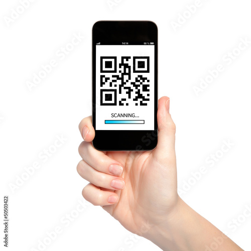 woman hand holding a phone with qr code on the screen