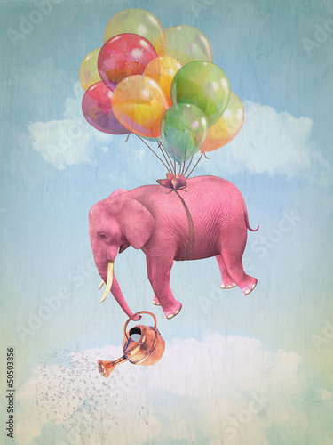 Pink elephant in the sky with a watering can. Illustration