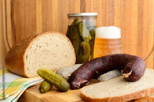 White puddink, bread and beer photo