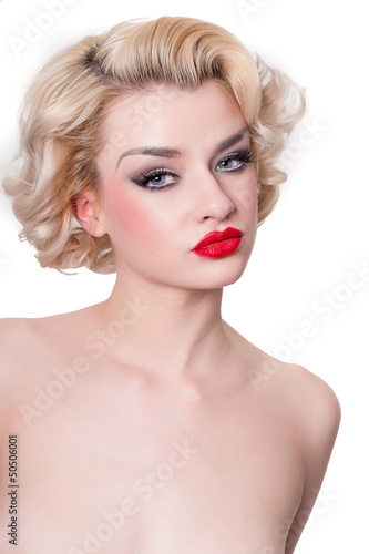 Retro blond beauty portrait - isolated on white