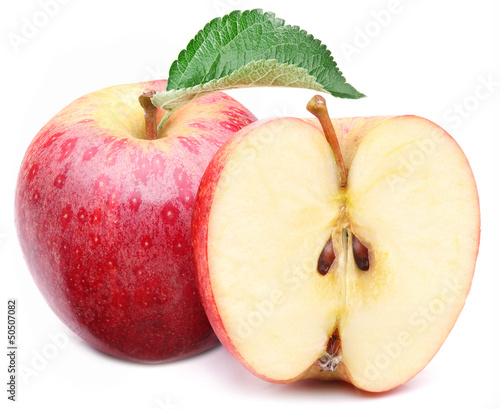 Red apple with leaf and slice.