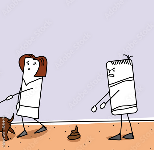 Personnage qui promène son chien