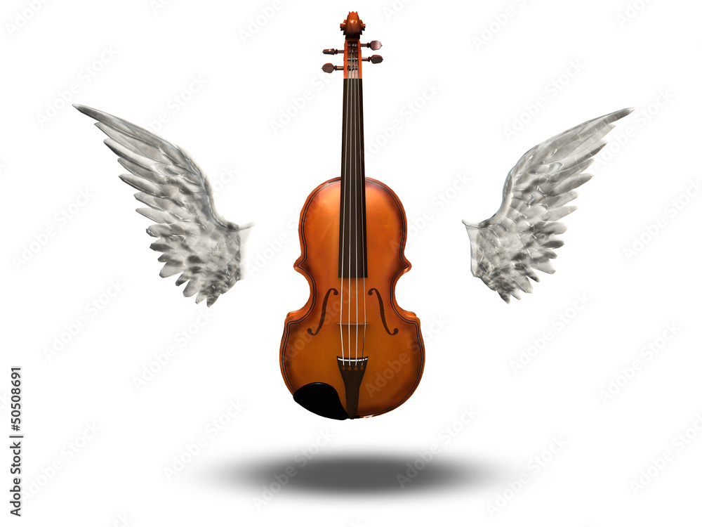 Fototapeta Violin with wings on white