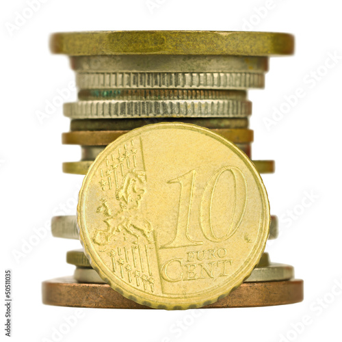 Coin pile with ten cent euro isolated photo