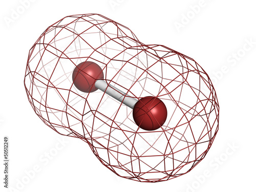 Elemental bromine (Br2), molecular model.