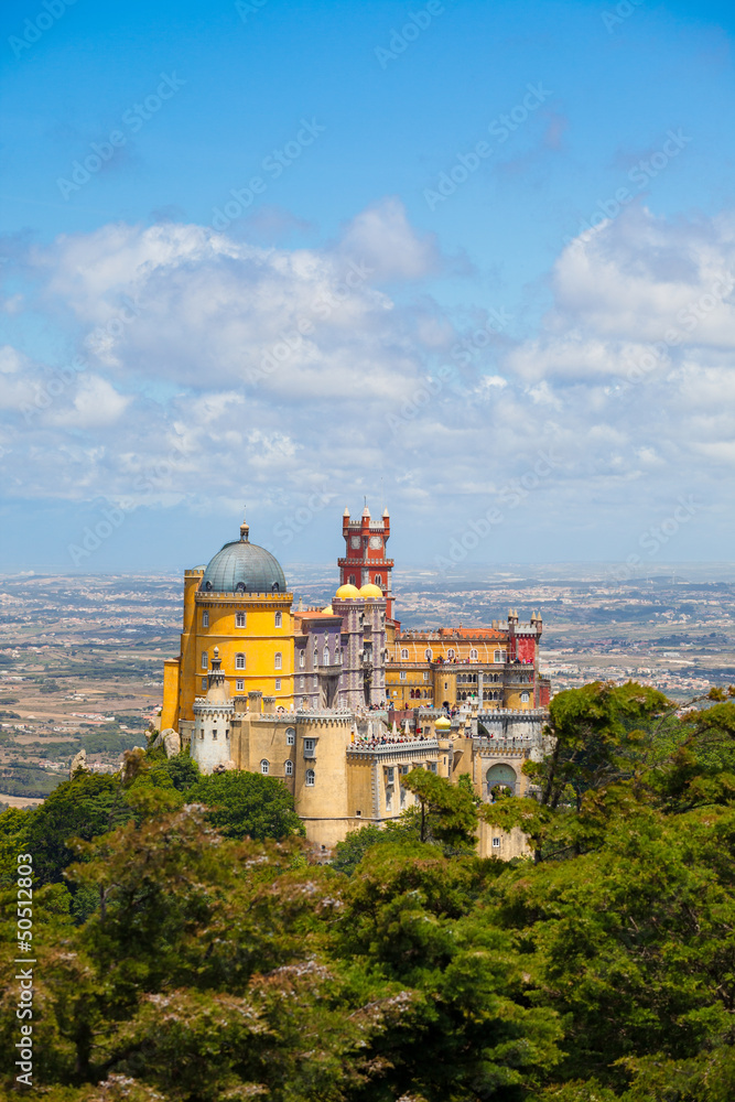Panorama of Pena National Palace above Sintra town, Portugal