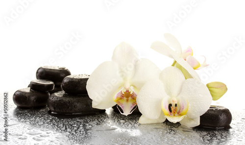 Fototapeta Naklejka Na Ścianę i Meble -  Spa stones and orchid flowers, isolated on white.