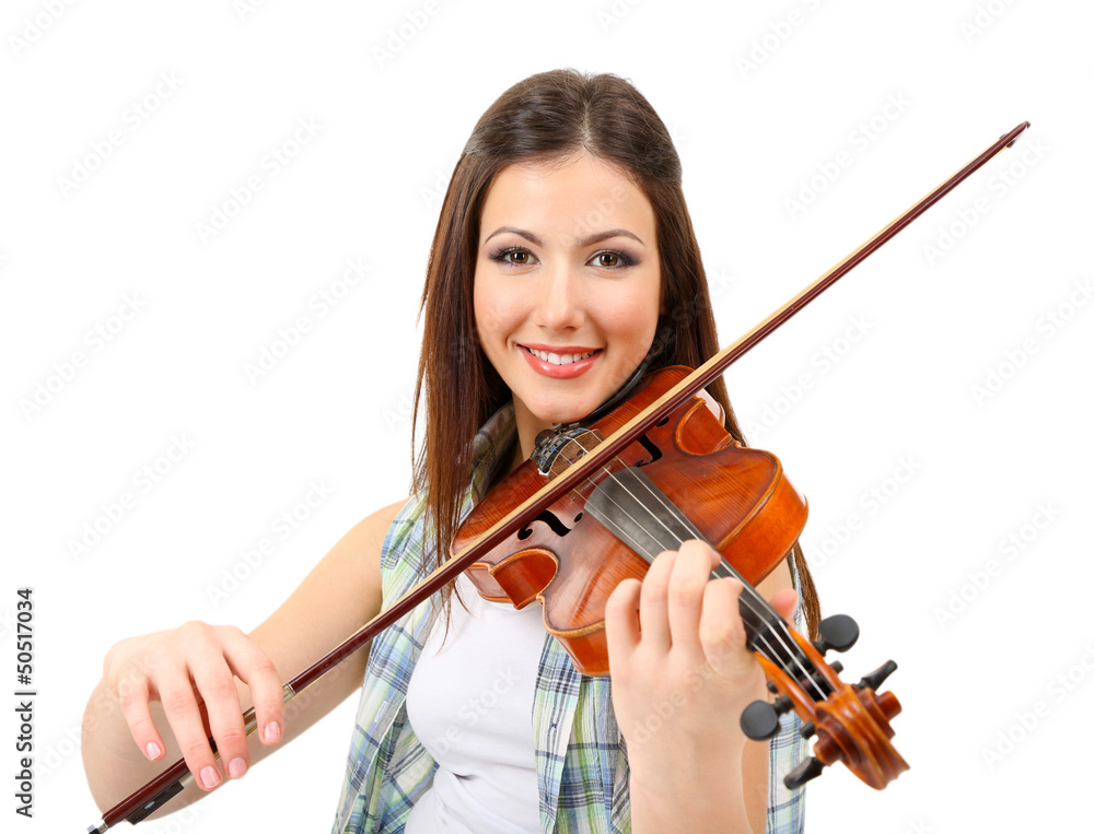 Beautiful young girl with violin, isolated on white Beautiful young girl with violin, isolated on white