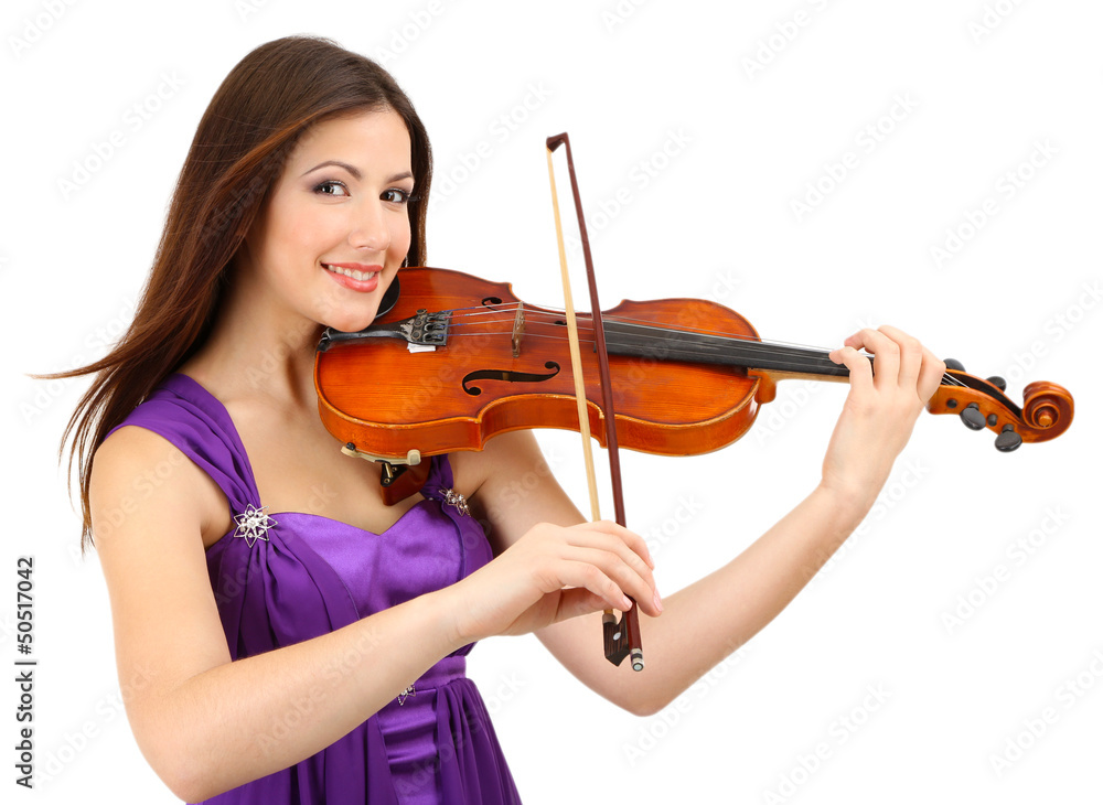 Beautiful young girl with violin, isolated on white Beautiful young girl with violin, isolated on white