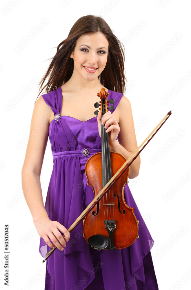 Beautiful young girl with violin, isolated on white Beautiful young girl with violin, isolated on white