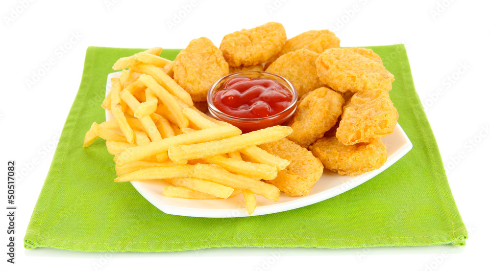 Fried chicken nuggets with french fries and sauce isolated Fried chicken nuggets with french fries and sauce isolated