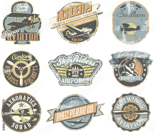Billede på lærred Grunge aviation badges collection in retro style