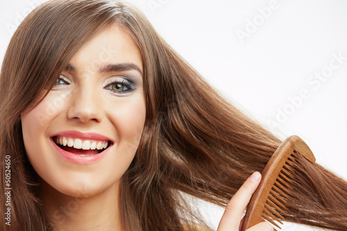 Quadro su tela Woman wuth long hair on white background isolated