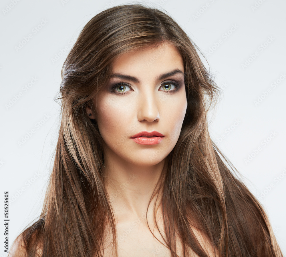 Woman face with hair motion on white background isolated Woman face with hair motion on white background isolated