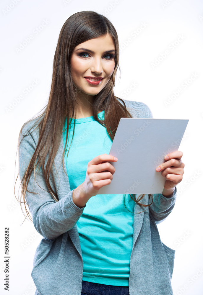 Young smiling woman show blank board. Young smiling woman show blank board.